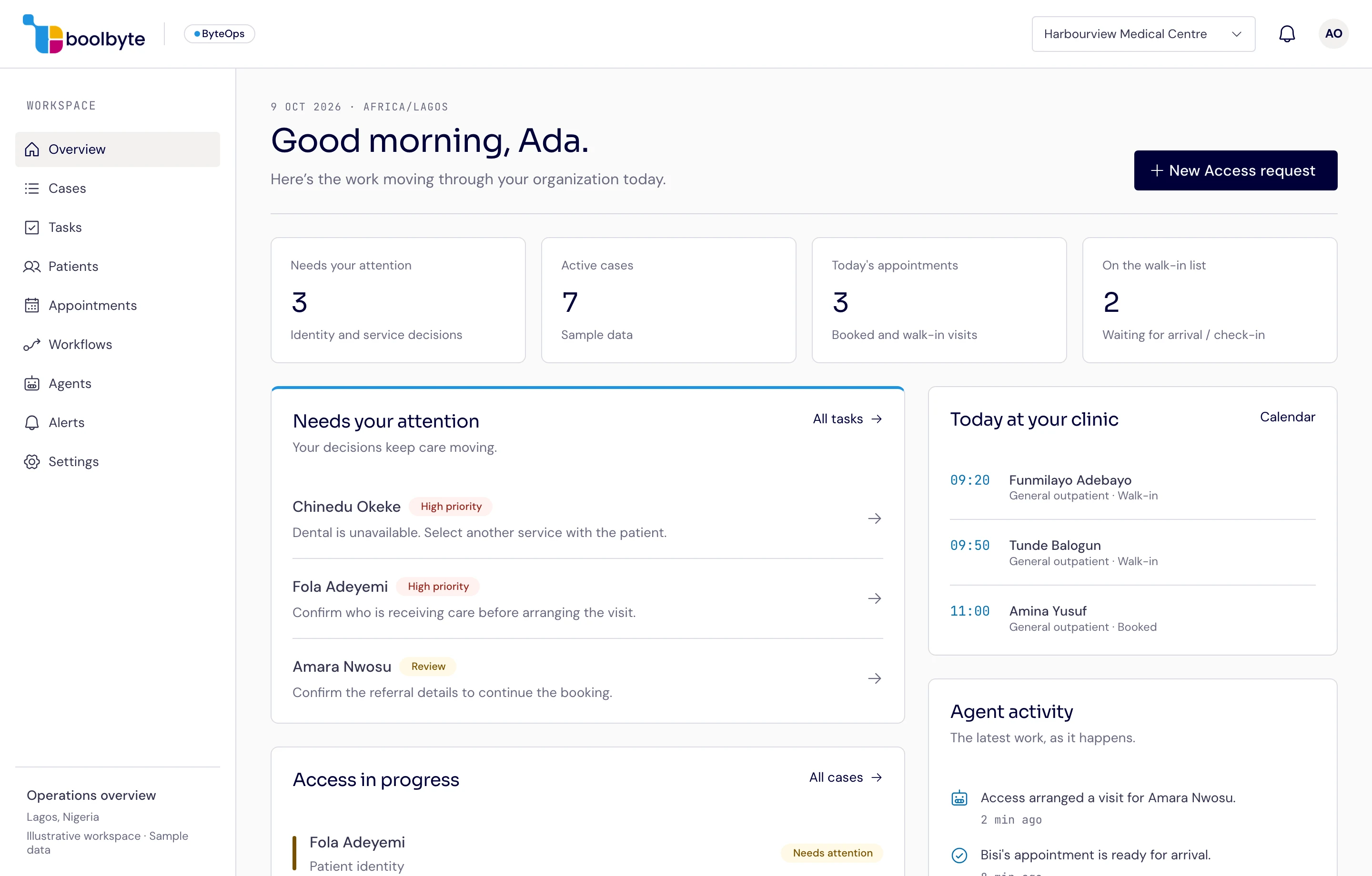 Example ByteOps workspace showing Access cases, tasks needing attention, and clinic appointments. Sample data.